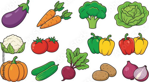 Colorful set of cute cartoon vegetable icons, fresh organic garden produce collection, healthy food illustration featuring carrots, broccoli, pepper, pumpkin, cucumber, and onion vector graphics.