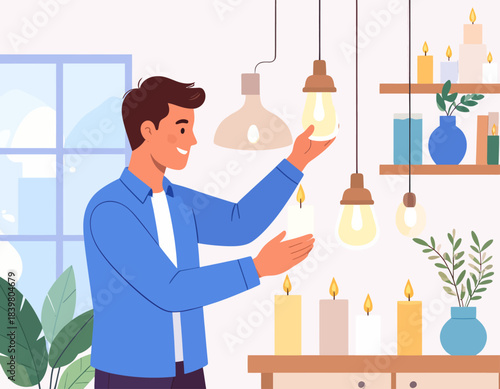 A man adjusts hanging light bulbs in a bright room with candles and home decor. He smiles while arranging the warm lighting that creates a cozy interior atmosphere.