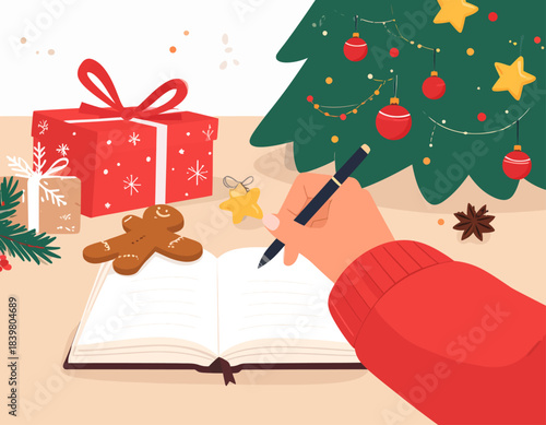 A hand writes in an open notebook beside Christmas gifts, cookies, and ornaments, capturing a cozy holiday moment filled with warmth and festive charm.