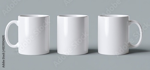 Three pristine white ceramic coffee mugs in a row on a grey background. Each displays the handle and body