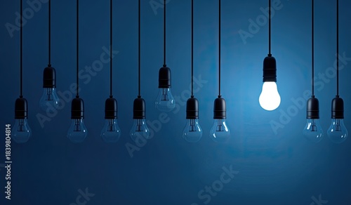 Row of lightbulbs, one illuminated, on dark blue