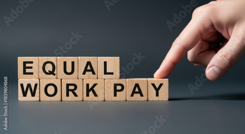 Concept on equal work and pay presented with wooden blocks spelling 'equal work pay' on a dark background highlighted by human finger.