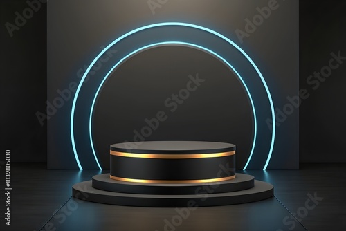 Modern Luxury Podium with Blue and Gold Highlights.