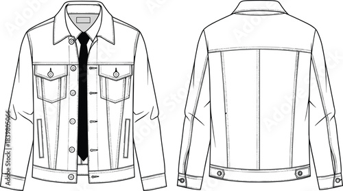 Denim jacket technical flat sketch, detailed front and back view, fashion CAD design template, garment outline drawing, apparel vector illustration