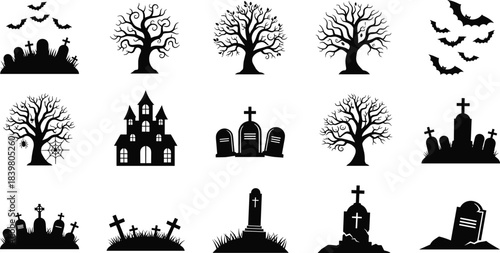 Halloween Graveyard and Spooky Elements Silhouettes Set Vector Illustration; Haunted House, Scary Trees, Bats, Gravestones, Tombstones, and Cemetery Graphic Collection.