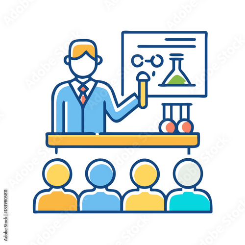 Teacher gives a lecture to students in a university auditorium. Science education and learning concept
