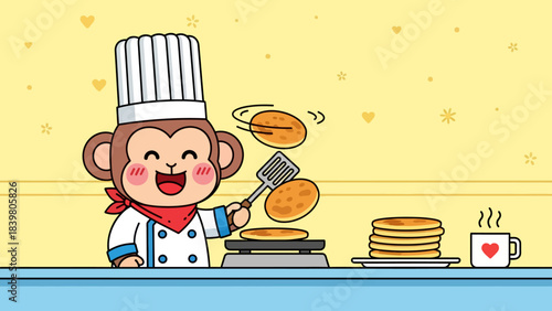 Cute Monkey Chef Making Pancakes Illustration