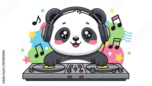 Cartoon Panda DJ with Headphones and Turntable