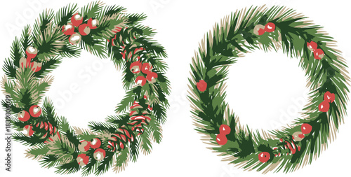 Two green pine wreaths with red berries and pinecones