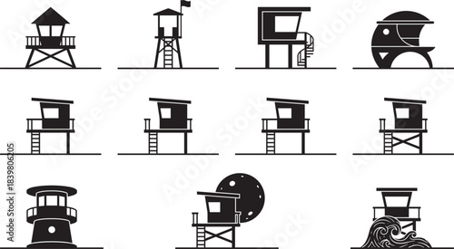 Minimalist lifeguard tower icons, black silhouettes of beach observation posts, various simple hut designs, elevated booths for coastal surveillance, sea watch and ocean safety vector graphics.
