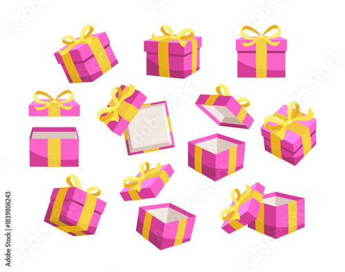 Set of pink gift boxes with yellow ribbons is floating and rotating on a white