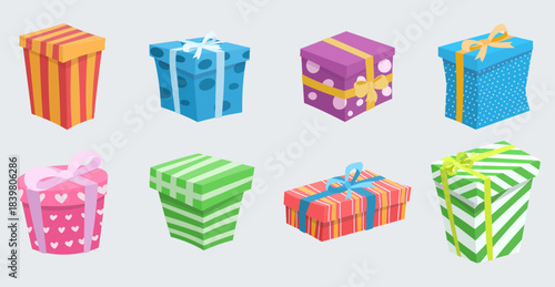 vector illustration set cute gifts different shapes colors boxes with bows bright colors cartoon