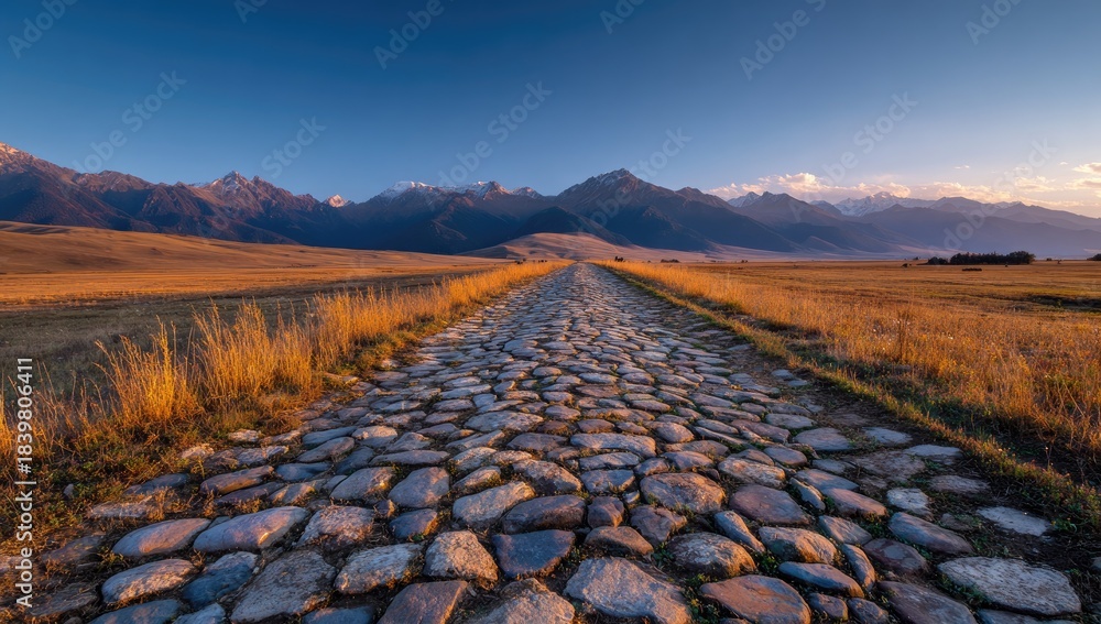 Fototapeta premium Cobblestone path leading to distant mountains at sunset. Golden, dry grassland surrounds the ancient path