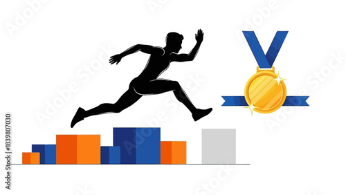 Runner crossing finish line with gold medal and rising graph
