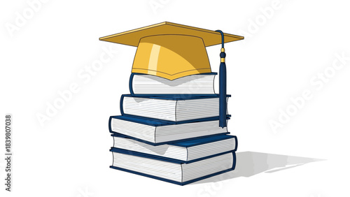 Stack of books with graduation cap on top symbolizing education
