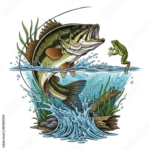 Large Mouth Bass Jumps Out Of Water To Catch Frog Action Vector Illustration