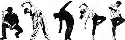 Hip Hop and Contemporary Dancers Black and White Vector Set, People in Dynamic Urban Dance Poses, Street Style Performance, Music, Culture, and Movement Graphic Illustration Collection