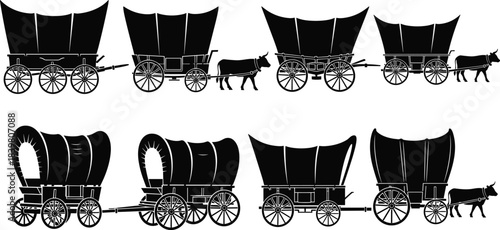 Historic covered wagon silhouette collection featuring oxen-drawn carts, western frontier transport icons, detailed vintage vector illustrations perfect for 