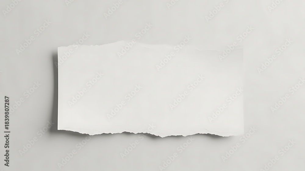 Obraz premium A clean and crisp white torn paper note with textured edges, set against a neutral, soft gray background, creating a minimalist and versatile design element