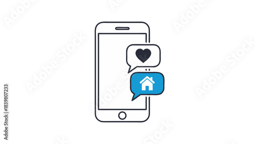 Outline of a White Smartphone Displaying Incoming Messages with a Heart and House Icon on a Black Background with Minimalist Design Accents symbolizing Communication and Home Life