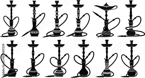 Hookah Silhouette Vector Illustration Set, Traditional and Modern Arabic Shisha Water Pipe Smoking Devices Collection, Outline Design for Lounge, Bar, and Café Menu Graphics with Decorative Patterns