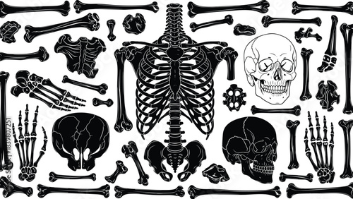 Human Bones Vector Illustration Set, Detailed Skeleton, Rib Cage, Pelvis, and Skull Graphics, Black Anatomy Icons for Halloween, Medical, and Forensic Science Designs and Education