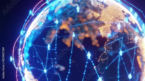 A glowing Earth globe with connected human figures, depicting global network, communication, & connections