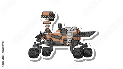 Orange Mars Rover Exploration Vehicle With Robotic Arm and Large Wheels On Black Background Detailed Illustration