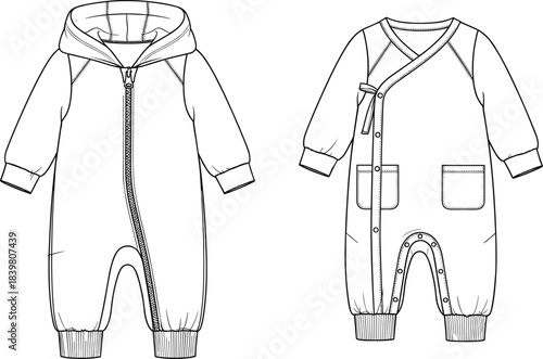 Infant clothing technical fashion flat sketch vector, long-sleeve hooded zipper romper and wrap-front snaps bodysuit design, cad drawing flat vector illustration.