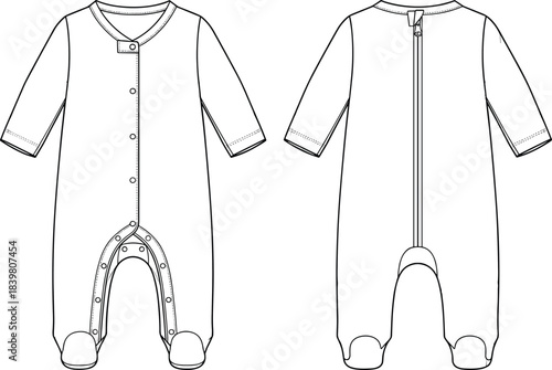 Infant Footed Pajama with Snap Front Placket and Back Zipper Closure, CAD Drawing Flat Vector Illustration