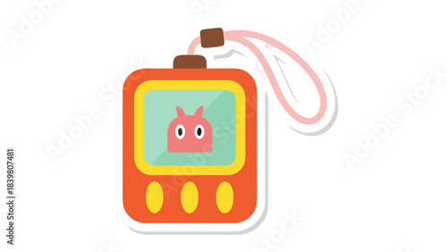 Orange Virtual Pet Toy with Pink Creature Displayed on Screen and Pink Lanyard Attached