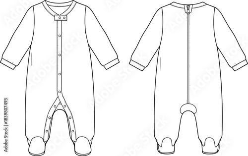 Infant Footed Sleepsuit with Front Snap Closure and Back Zipper, CAD Drawing Flat Vector Illustration