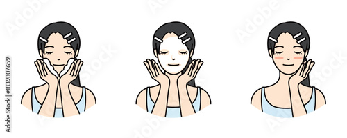 Woman applying face wash and sheet mask, beauty skincare routine illustration