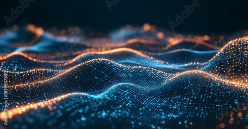 Abstract digital landscape with glowing blue and orange waves of light particles creating a futuristic ethereal and vibrant technological data visualization