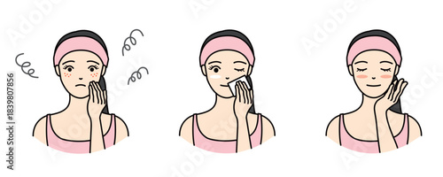 Woman skincare routine before and after, skin trouble solution illustration