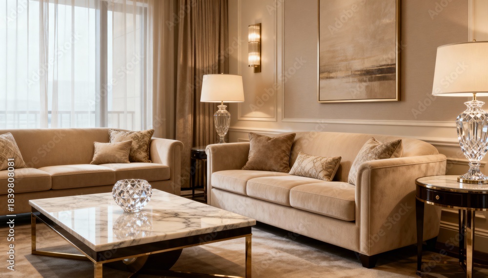 Fototapeta premium Elegant Luxury Living Room Interior with Marble Fireplace