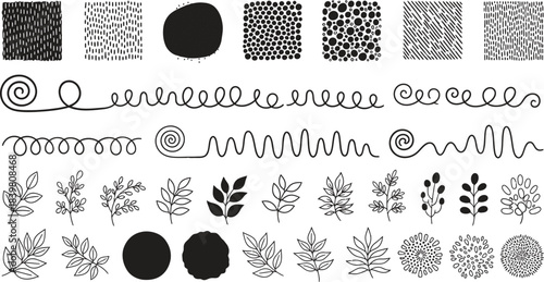 Collection of black ink stamps and botanical elements