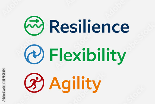 An image displaying the concepts of Resilience, Flexibility, and Agility, each with a unique icon and color, representing key business and personal attributes.