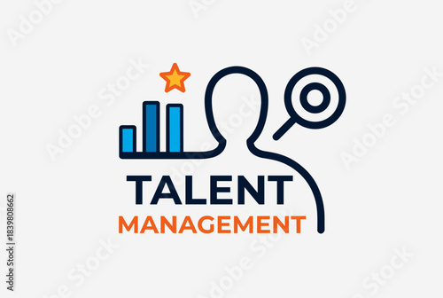 A logo illustrating talent management with a human silhouette, growth charts, a star, and a magnifying glass, set against a light background.