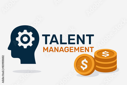 Illustration of talent management concept with a head icon, gear, text, and dollar coins.