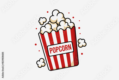 A cartoon illustration of a classic red and white striped popcorn box overflowing with fluffy white popcorn, with scattered kernels and red dots.