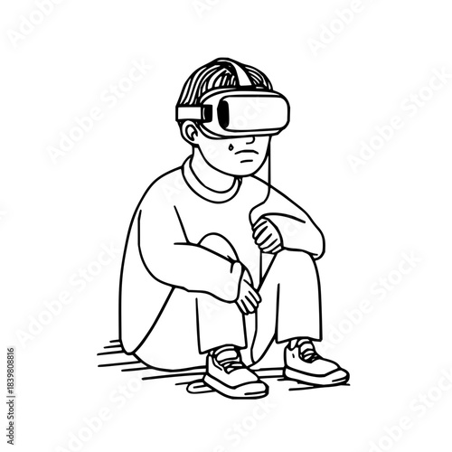 Sad boy with vr headset sitting alone on the floor with a tear on his face and feeling isolated