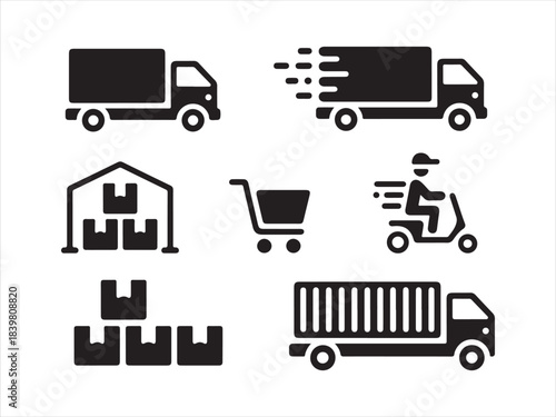 Concrete Logistics Icons. Solid, filled icons set, Food delivery icons set featuring scooter driver, gps, timer, mobile order, and takeout box vector
