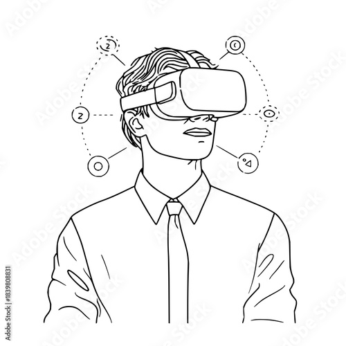 Man in vr headset with floating symbols showcasing immersive digital experience and modern technology world
