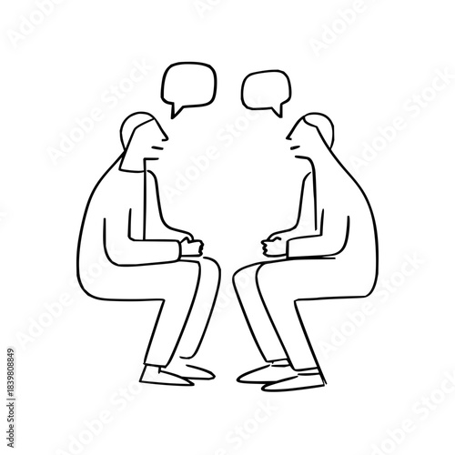 Two people in conversation with speech bubbles discussing ideas and sharing thoughts openly and honestly