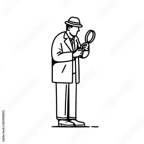 Detective examining with magnifying glass in a minimalist style vector illustration image design