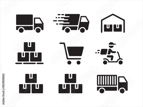 Concrete Logistics Icons. Solid, filled icons set, Food delivery icons set featuring scooter driver, gps, timer, mobile order, and takeout box vector
