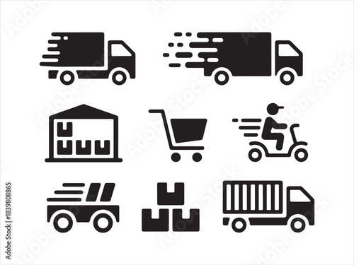 Concrete Logistics Icons. Solid, filled icons set, Food delivery icons set featuring scooter driver, gps, timer, mobile order, and takeout box vector
