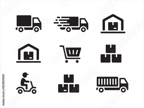 Concrete Logistics Icons. Solid, filled icons set, Food delivery icons set featuring scooter driver, gps, timer, mobile order, and takeout box vector
