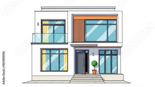 High-quality black outline colorful art of a contemporary townhouse facade with minimalistic design and entrance steps, modern residential architecture